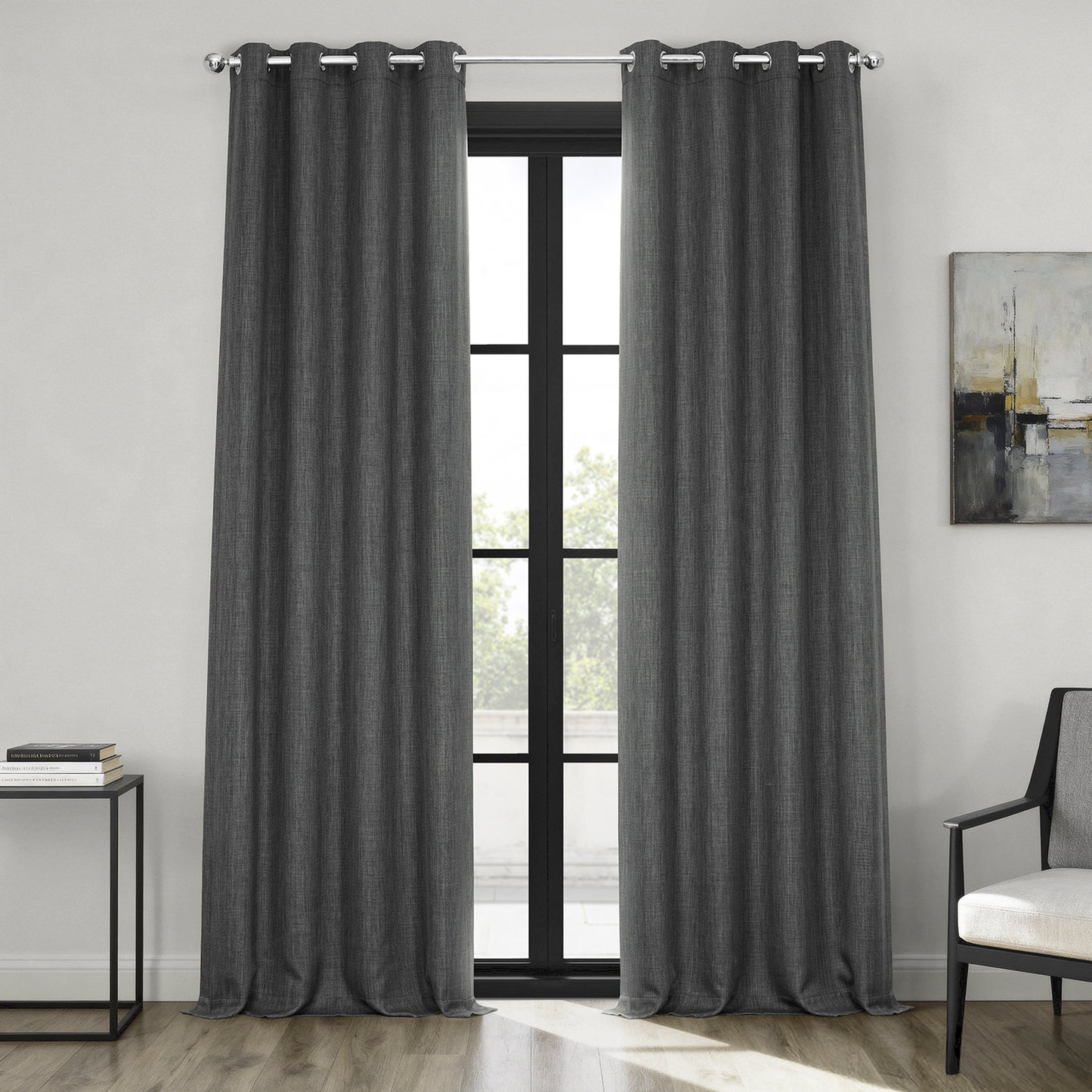 Dark Gravel Grommet Textured Faux Linen Room Darkening Curtain