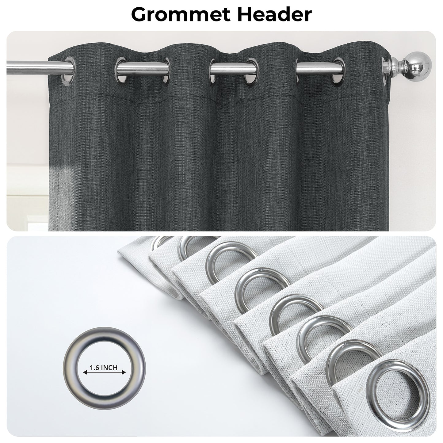 Dark Gravel Grommet Textured Faux Linen Room Darkening Curtain