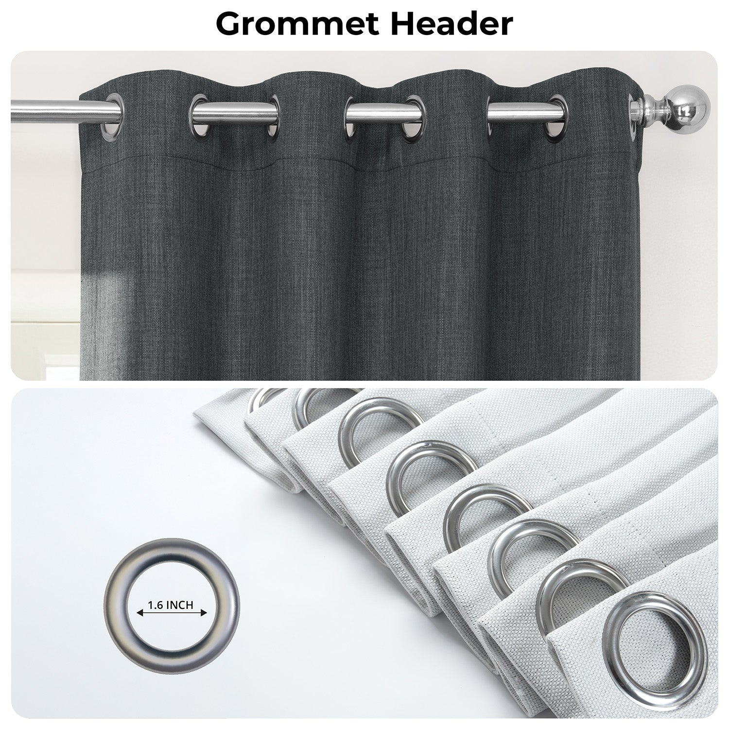 Dark Gravel Grommet Textured Faux Linen Room Darkening Curtain