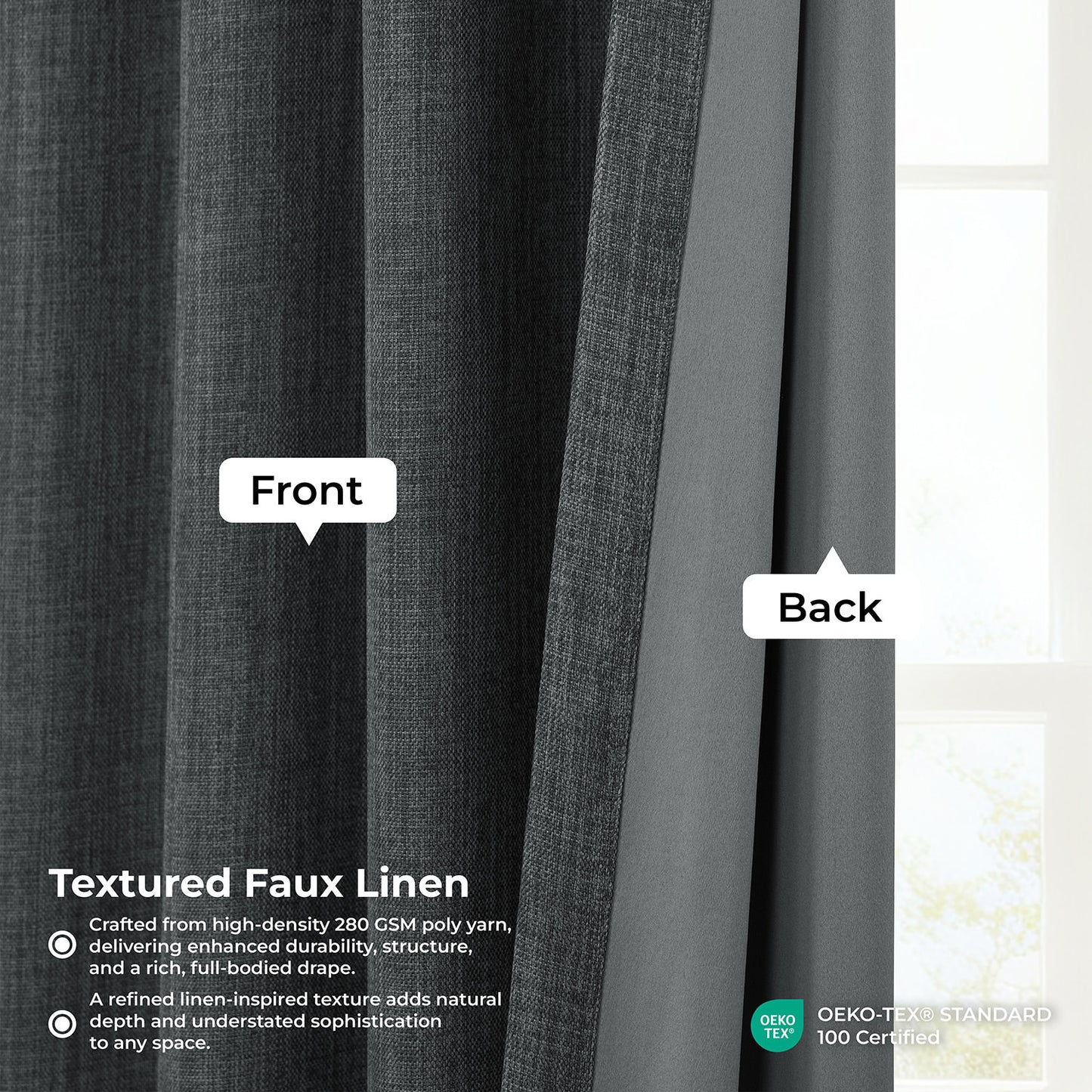 Dark Gravel Textured Faux Linen Room Darkening Curtain