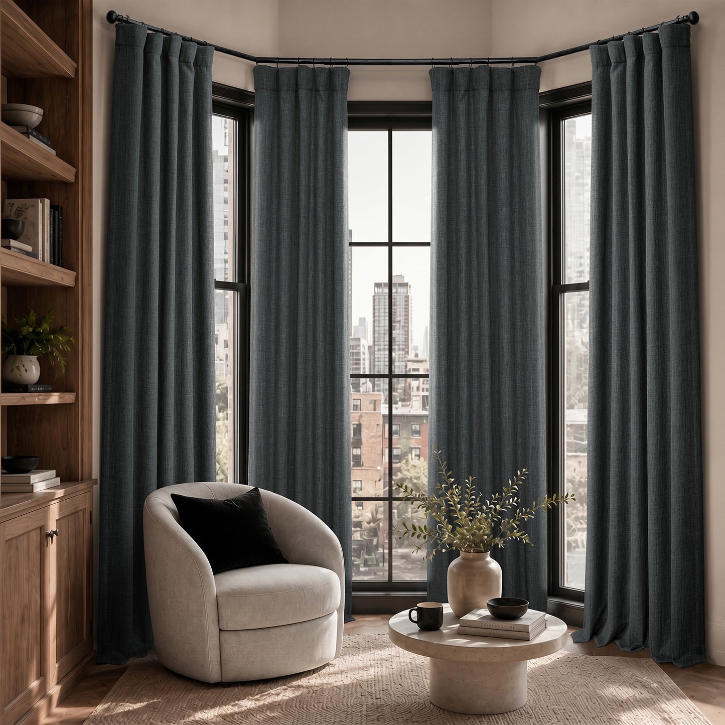 Dark Gravel Textured Faux Linen Room Darkening Curtain