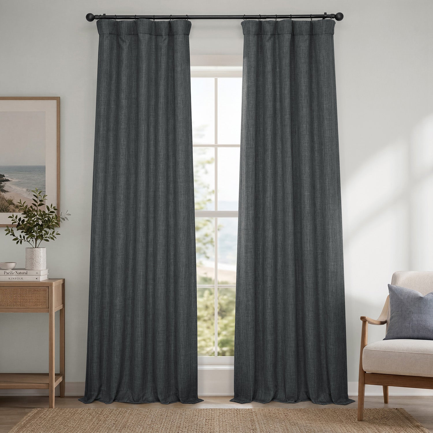Dark Gravel Textured Faux Linen Room Darkening Curtain