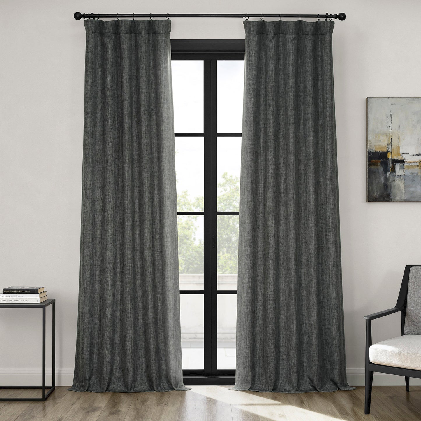 Dark Gravel Textured Faux Linen Room Darkening Curtain
