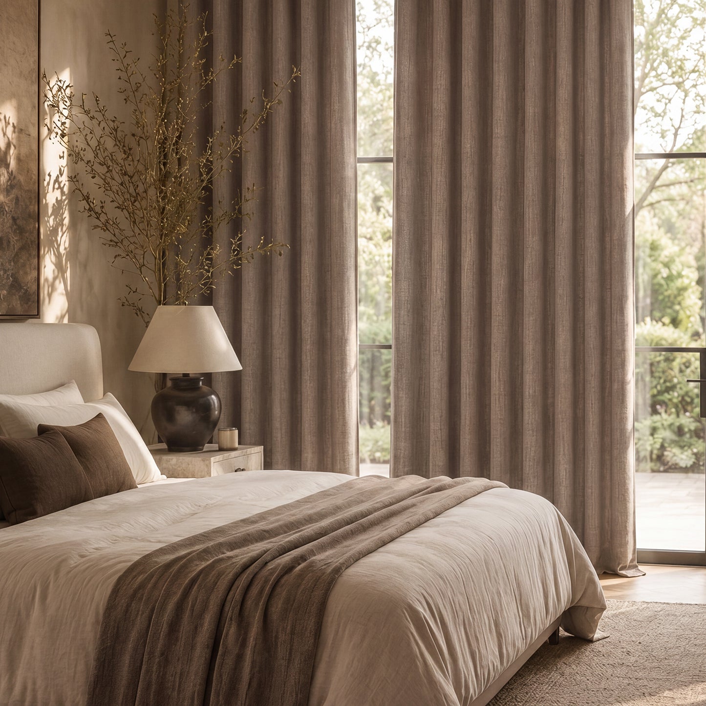 Bedroom with large windows, curtains, and a lamp.