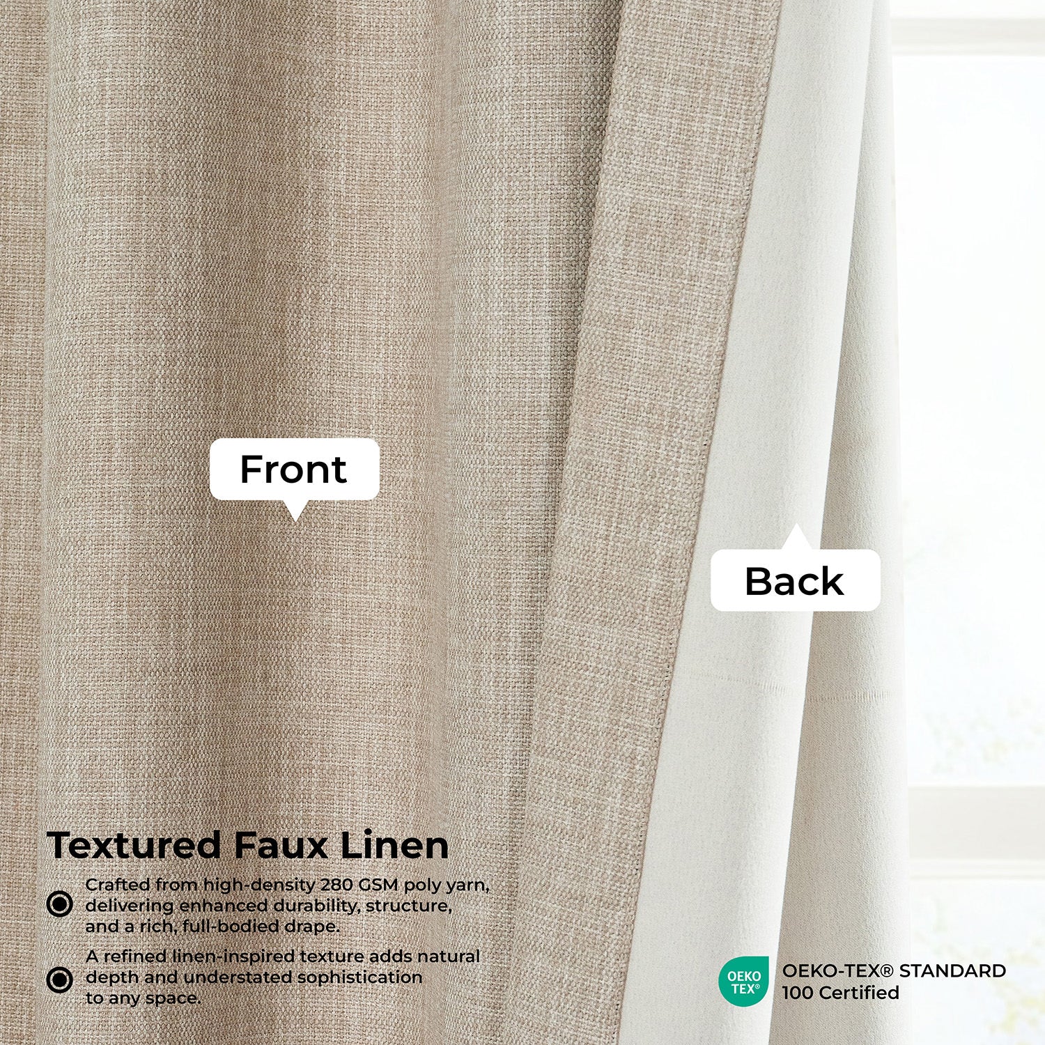 Thatched Tan Pinch Pleat Textured Faux Linen Room Darkening Curtain