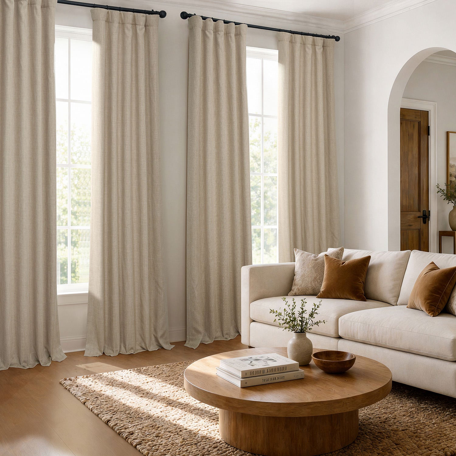 Thatched Tan Textured Faux Linen Room Darkening Curtain