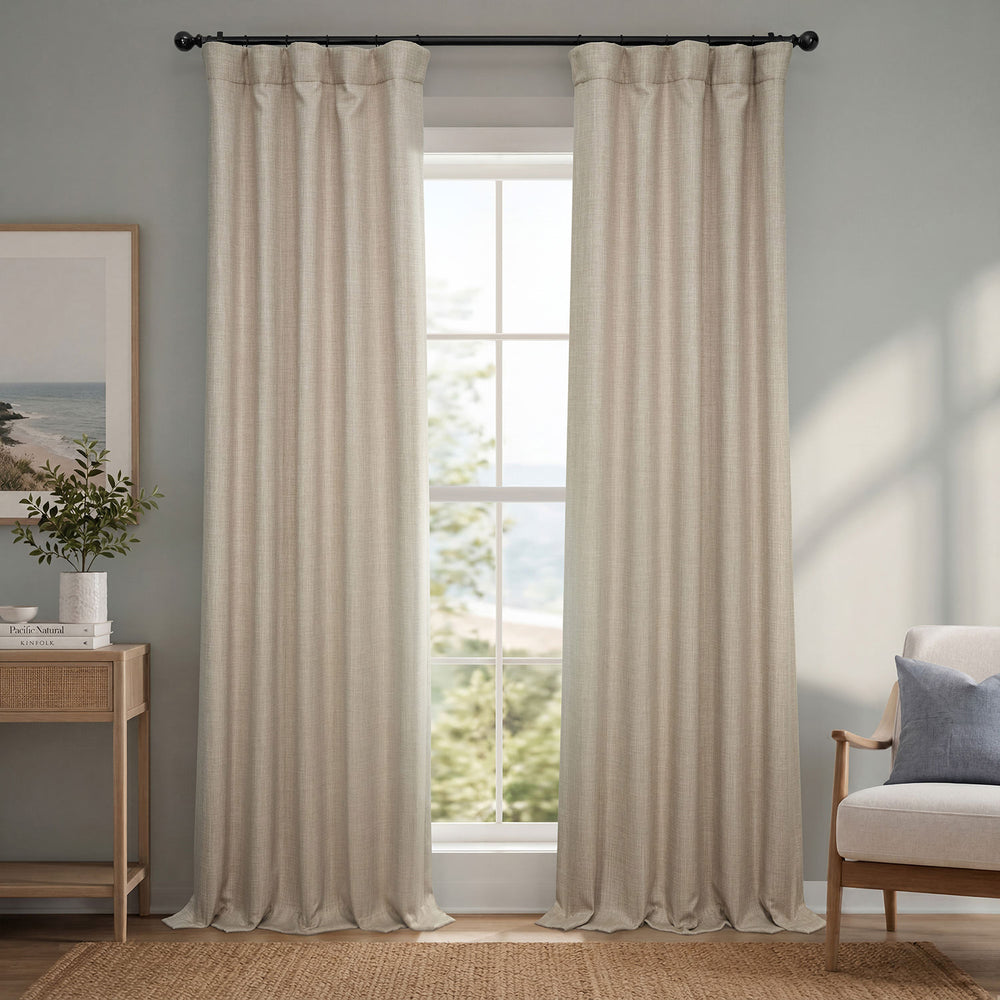 Thatched Tan Textured Faux Linen Room Darkening Curtain
