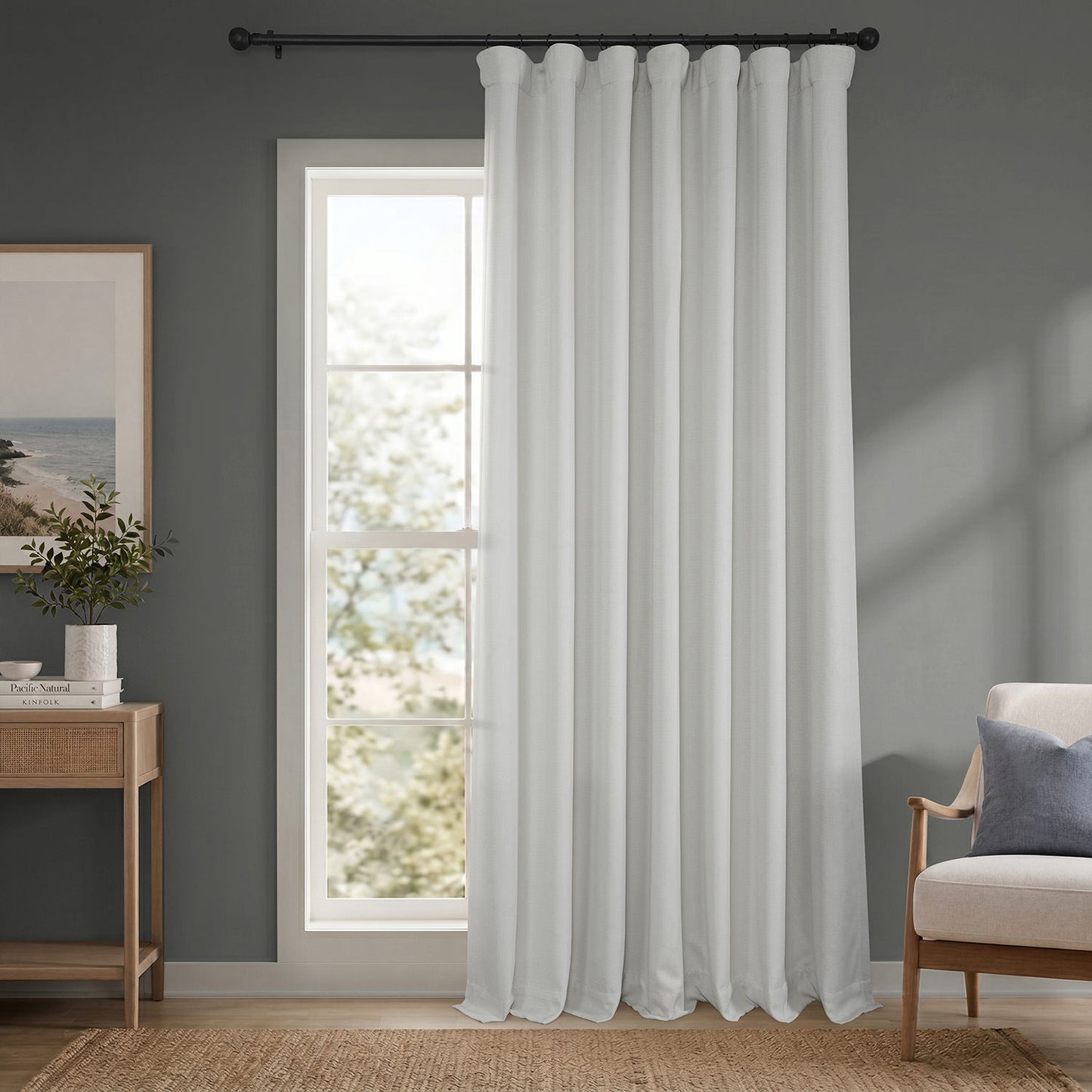 Oyster Mist Extra Wide Textured Faux Linen Room Darkening Curtain