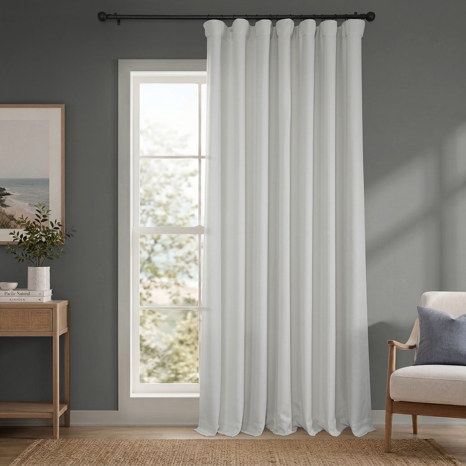 Oyster Mist Extra Wide Textured Faux Linen Room Darkening Curtain