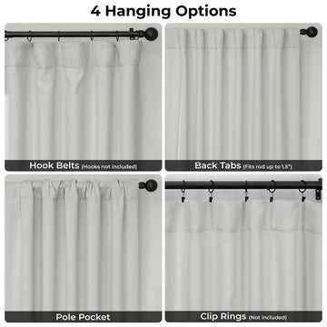 Collage of curtain hanging options with text labels on a white background