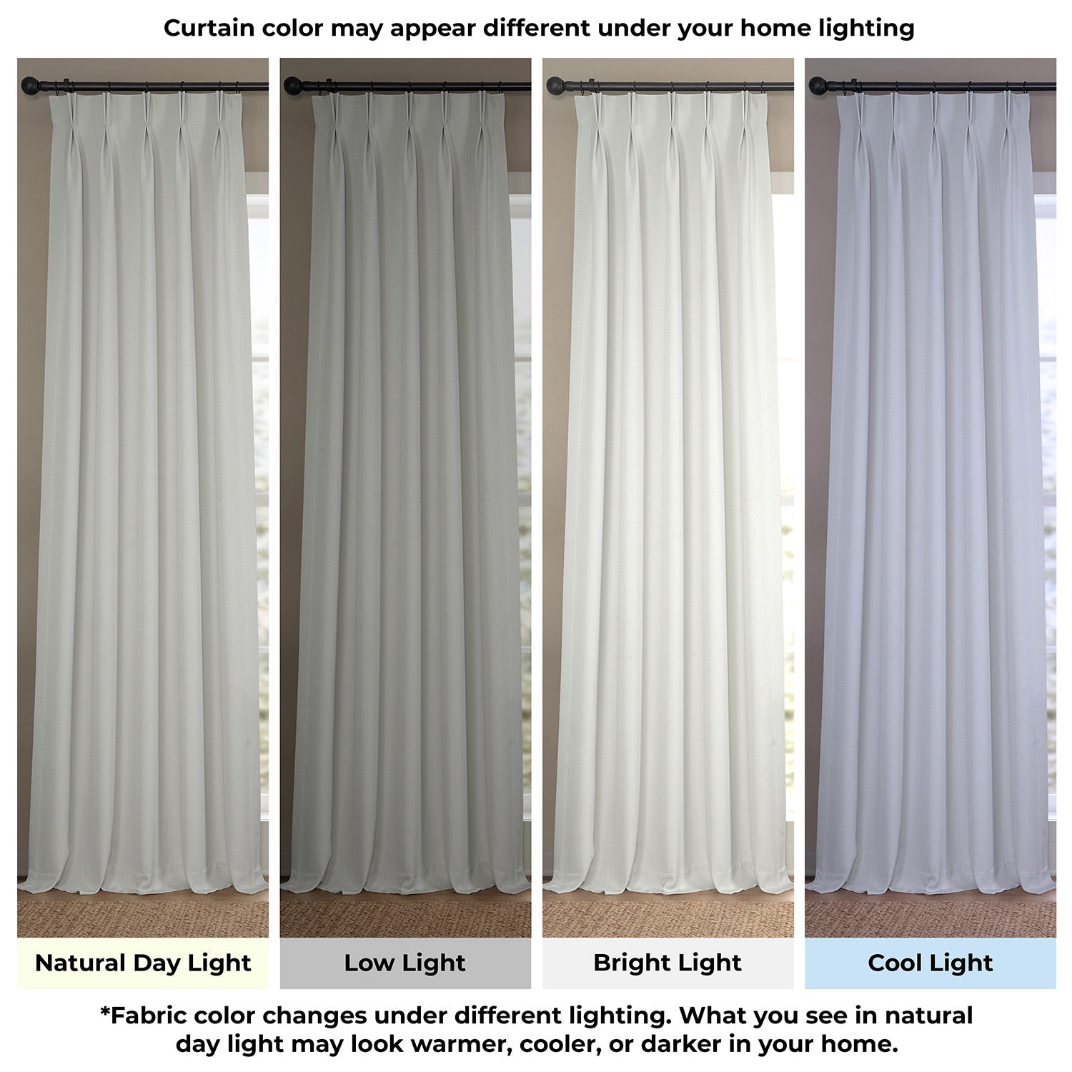 Curtain color swatch under different lighting conditions.