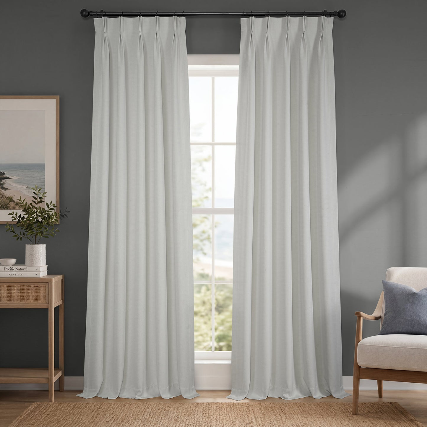 Oyster Mist Pinch Pleat Textured Faux Linen Room Darkening Curtain