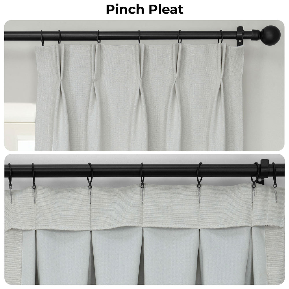 Curtains with a pinch pleat design on a white background