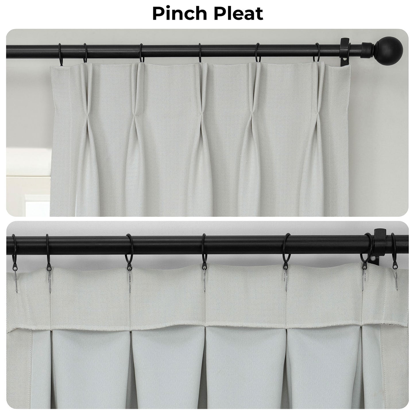 Curtains with a pinch pleat design on a white background