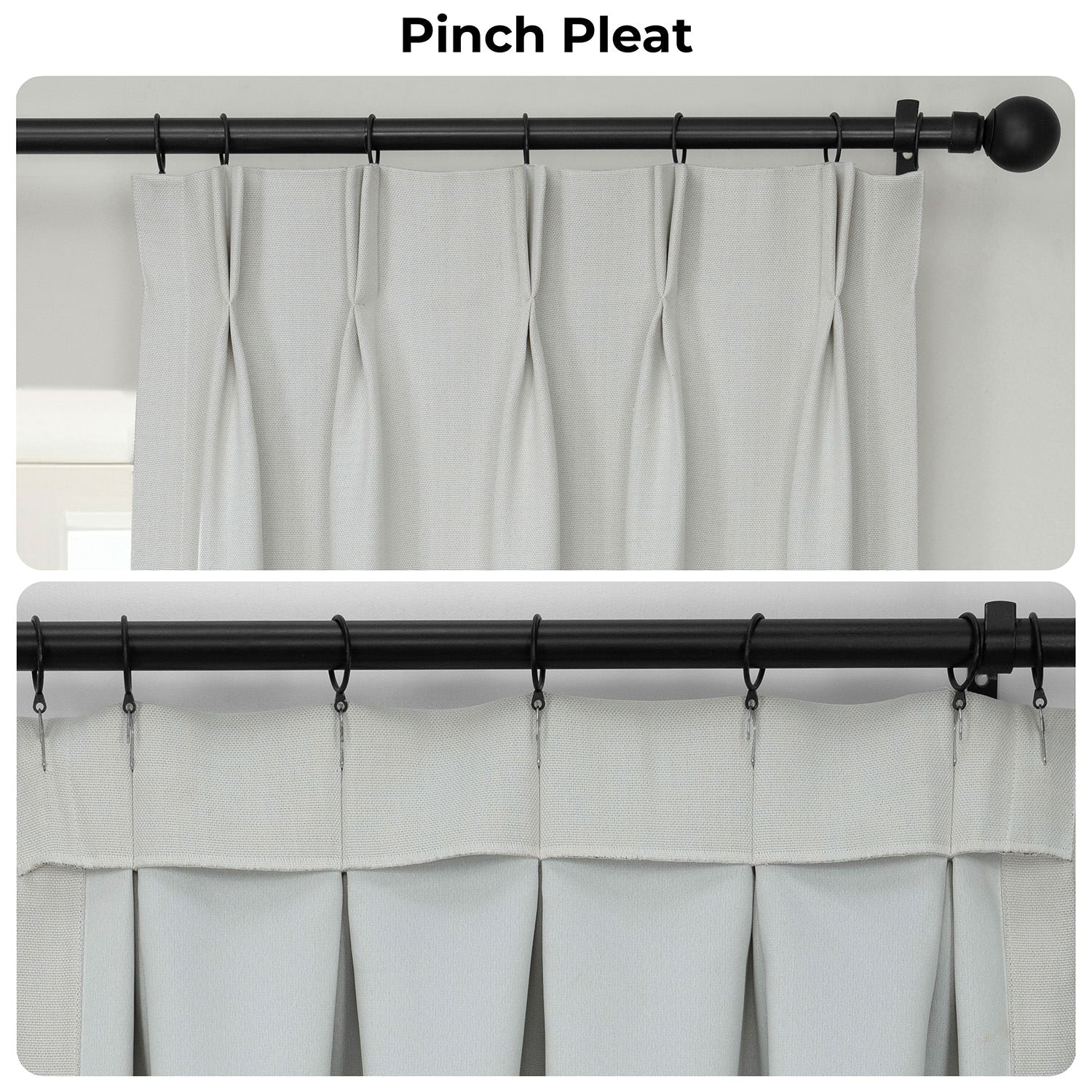 Curtains with a pinch pleat design on a white background