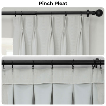Curtains with a pinch pleat design on a white background