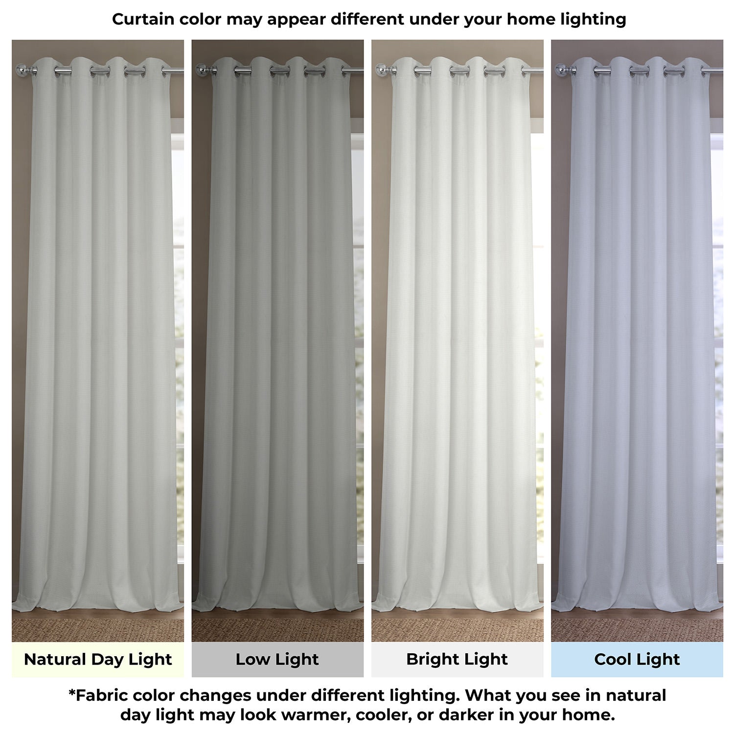 Set of four curtains shown under different lighting conditions to demonstrate color changes.
