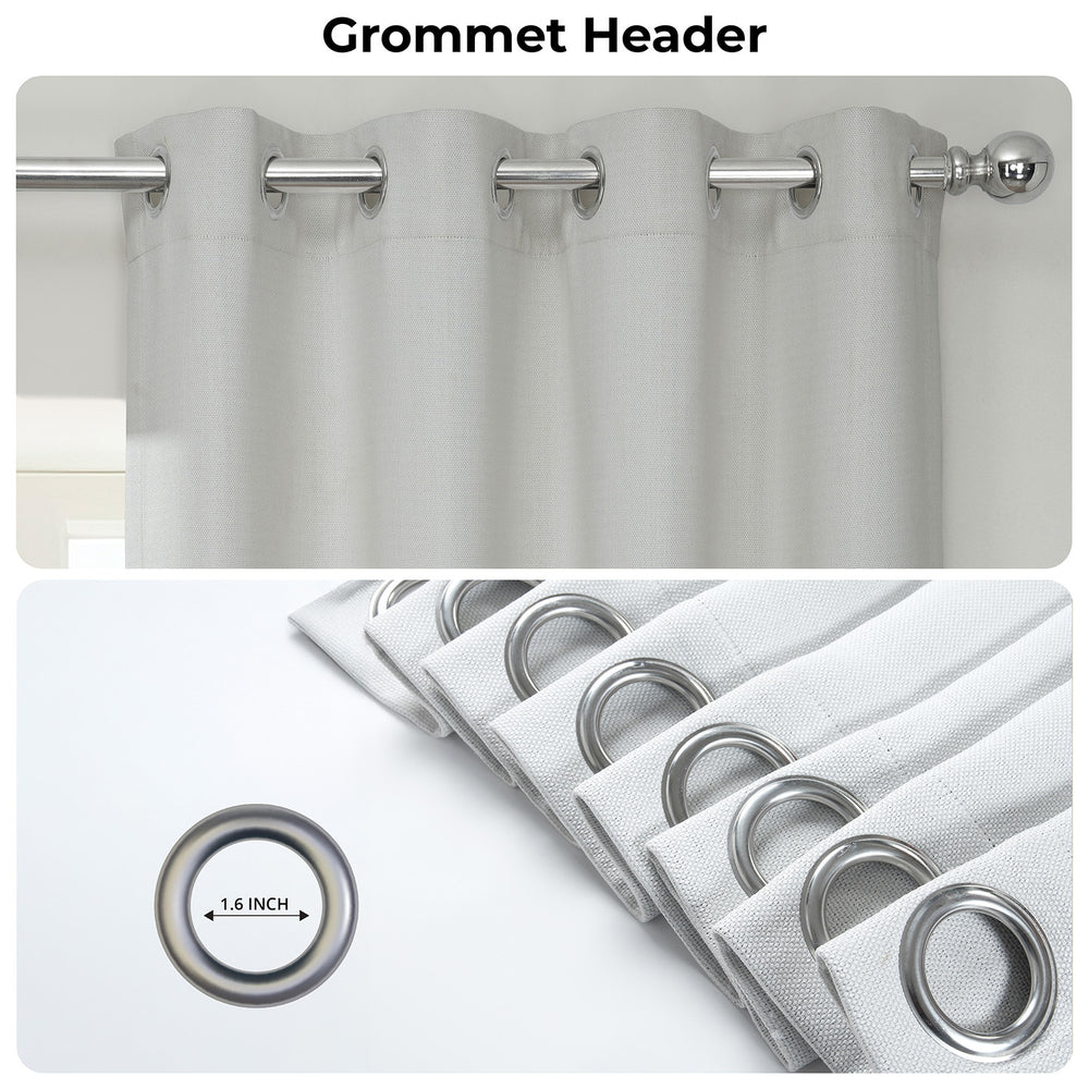 Curtains with grommet header and close-up of grommets on a white background