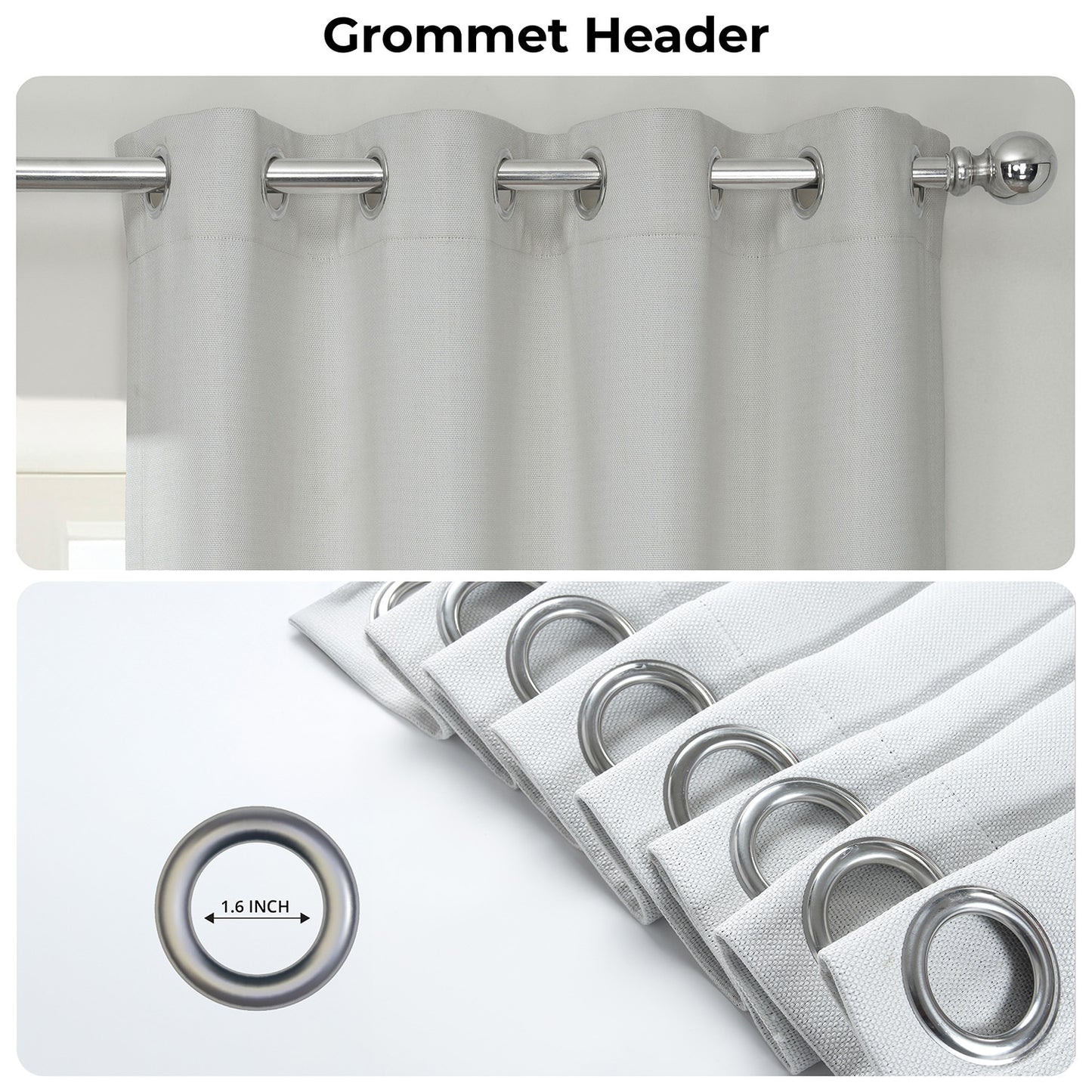 Curtains with grommet header and close-up of grommets on a white background