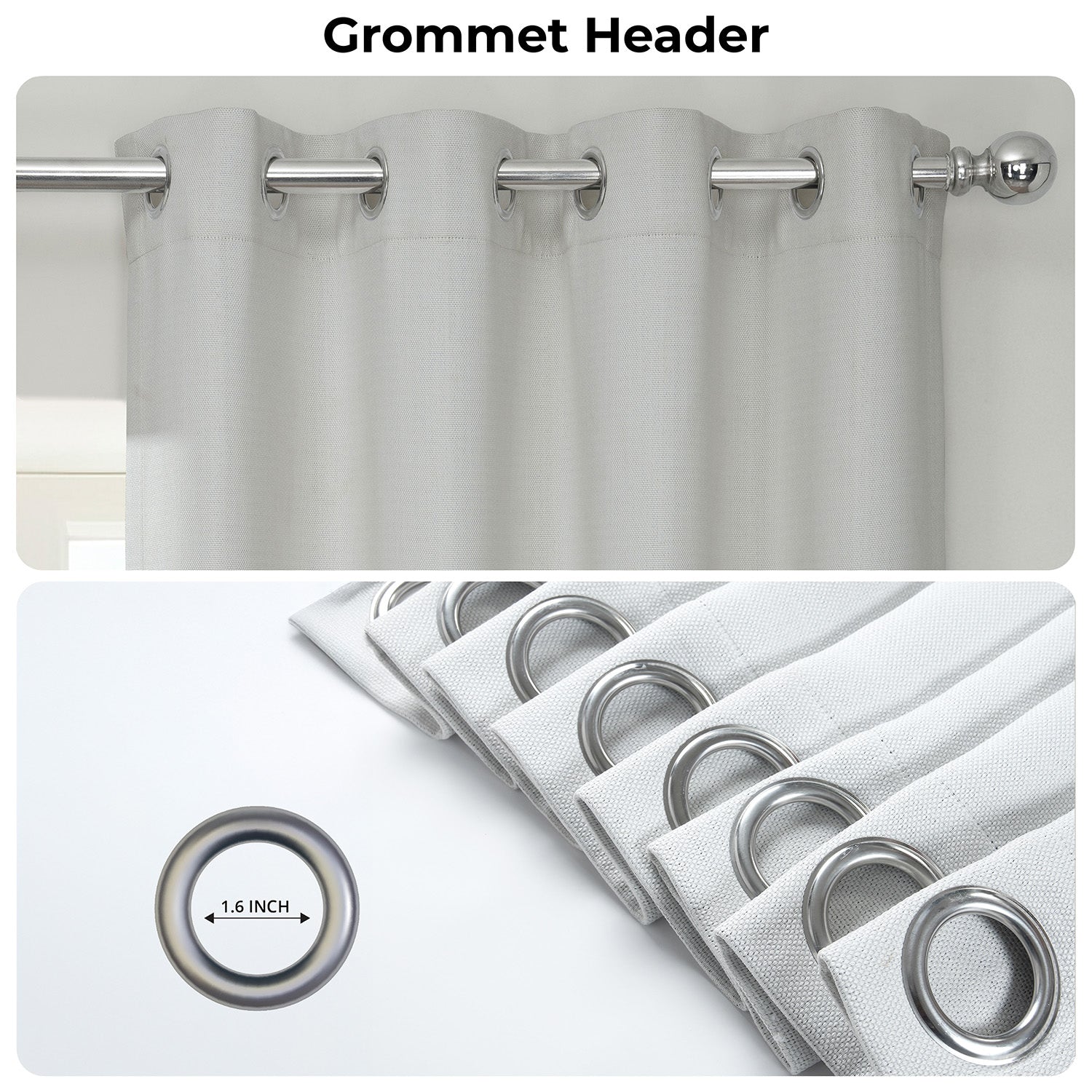 Curtains with grommet header and close-up of grommets on a white background
