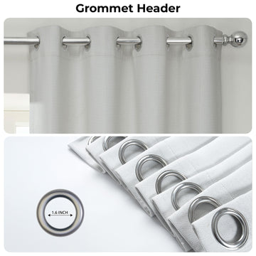 Curtains with grommet header and close-up of grommets on a white background