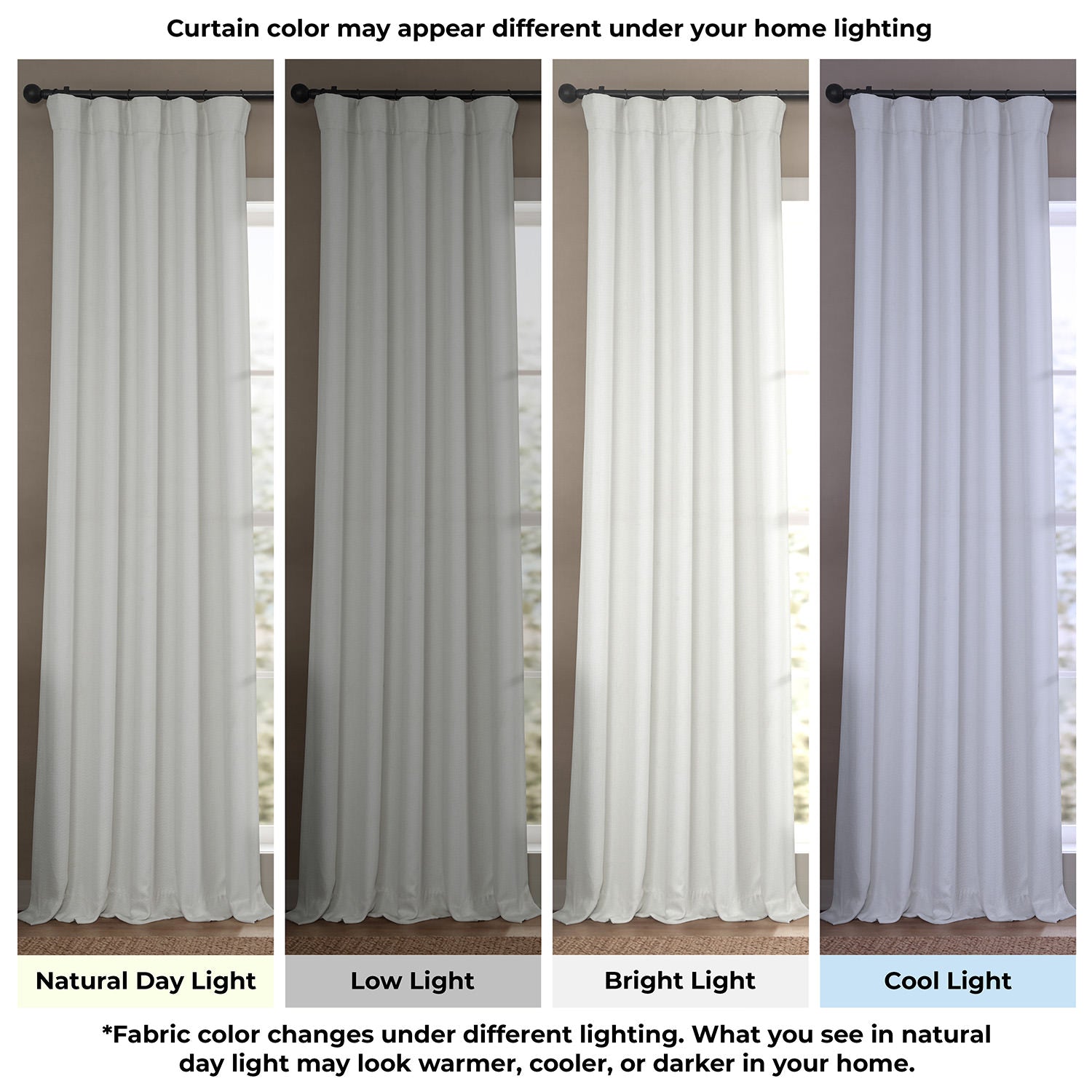 Curtain color swatch under different lighting conditions.