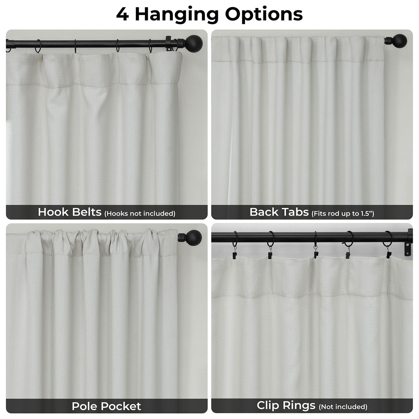 Collage of curtain hanging options with text labels on a white background