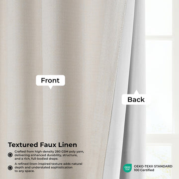 Textured faux linen curtain with labeled front and back, OEKO-TEX certification, and product details.