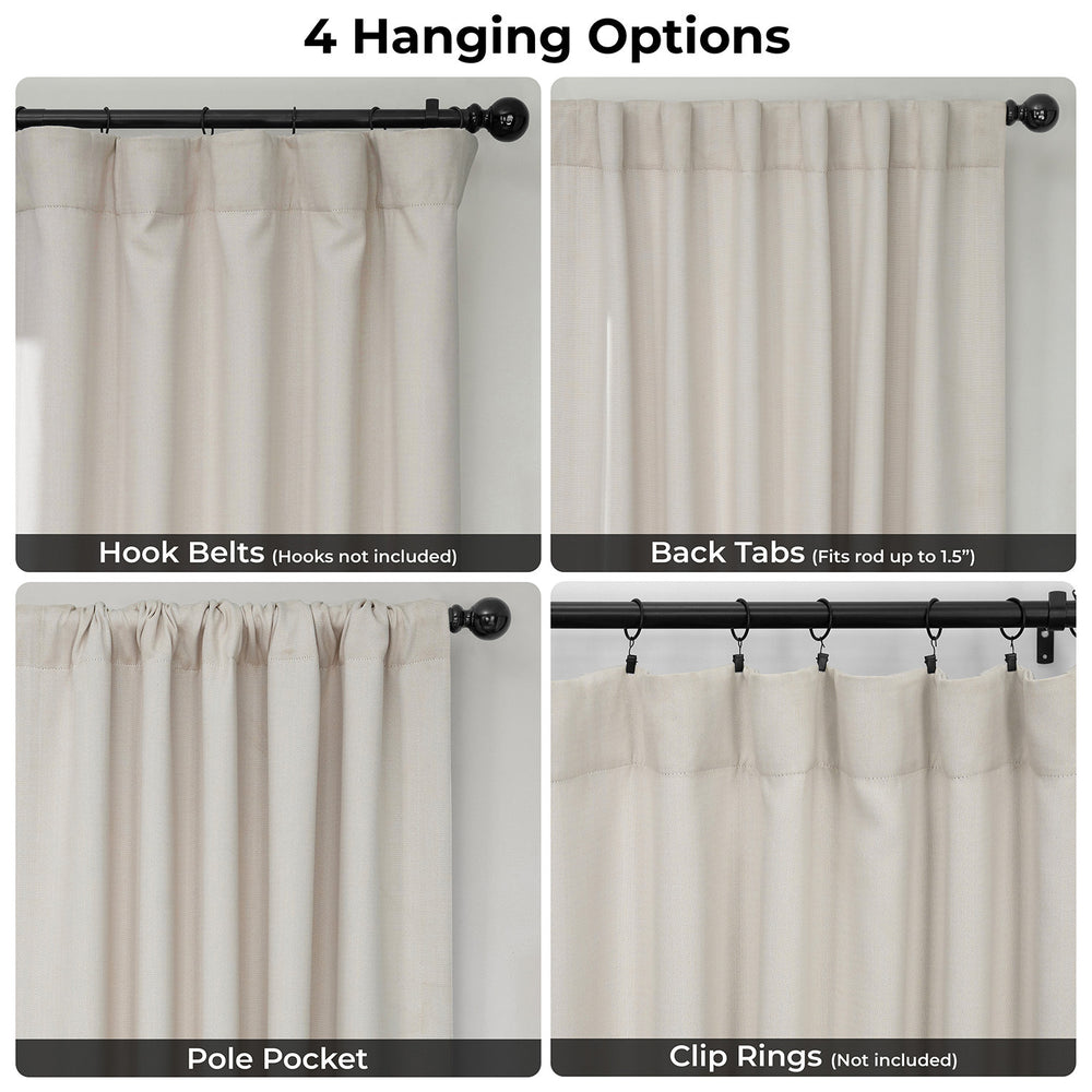 Comparison of 4 hanging options for curtains on a neutral background.