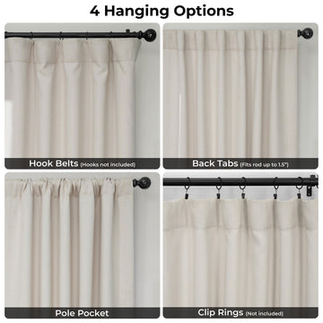 Comparison of 4 hanging options for curtains on a neutral background.