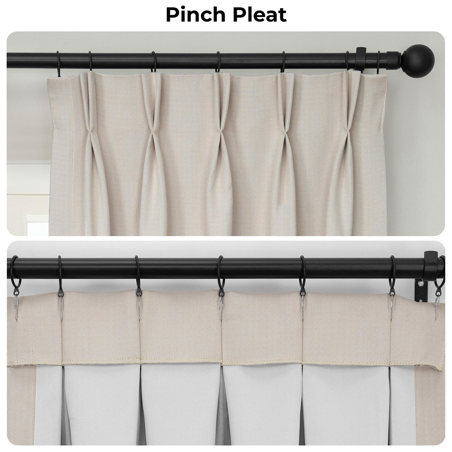 Pinch pleat curtains with a black rod on a white background