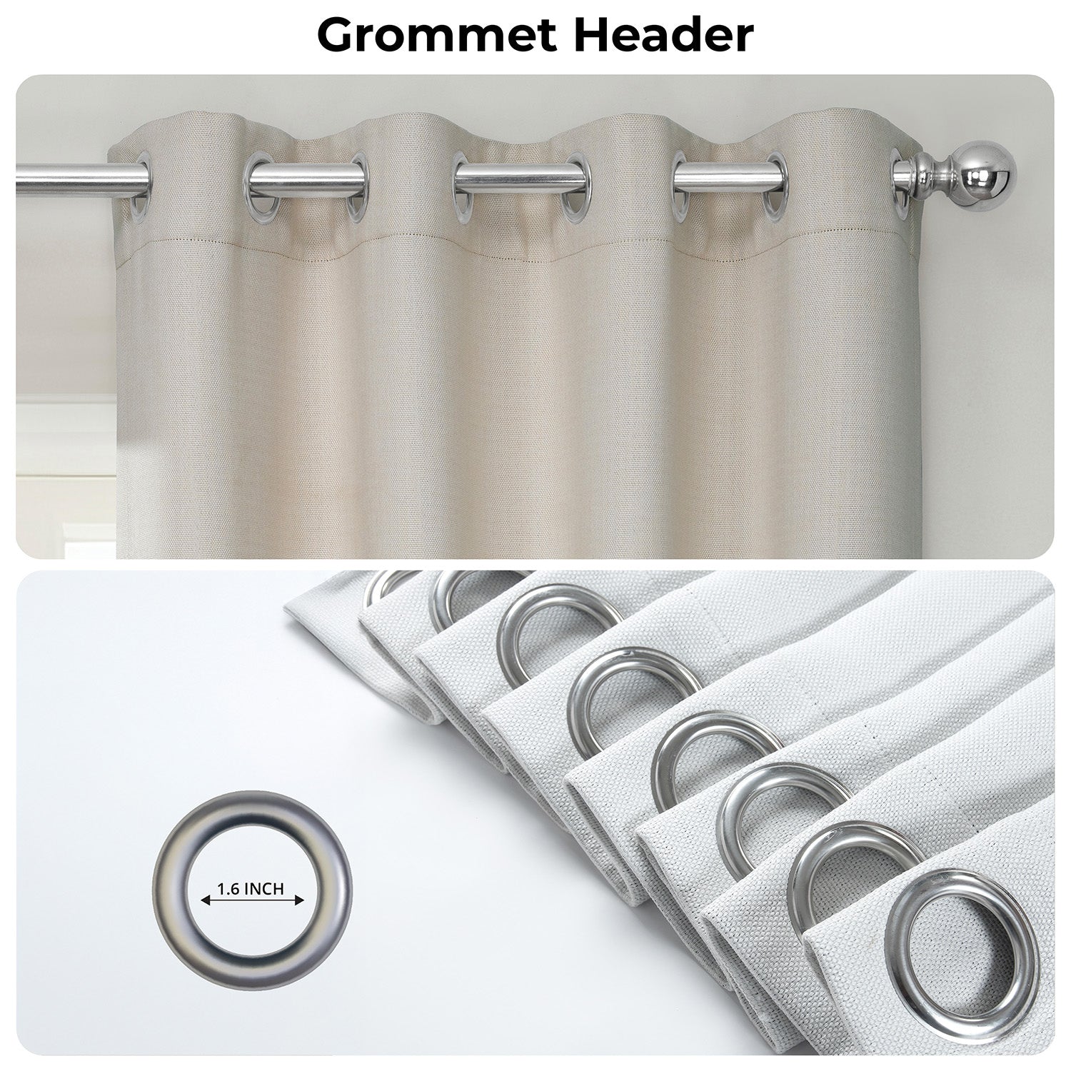 Curtain with grommet header and close-up of grommets on a white background