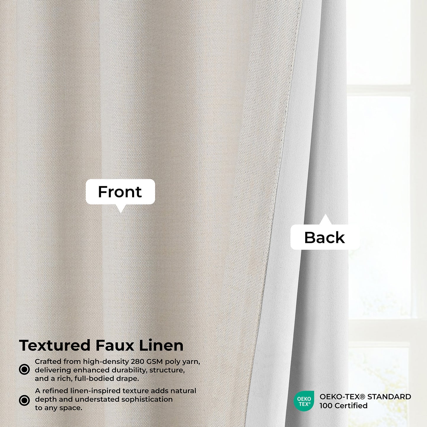 Birch Taupe Textured Faux Linen Room Darkening Curtain