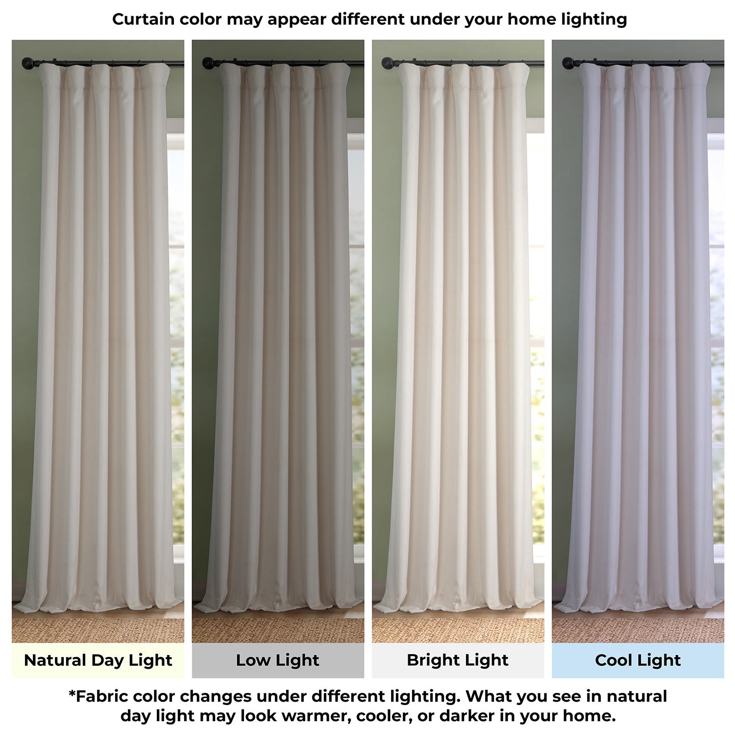 Curtain color swatch under different lighting conditions.