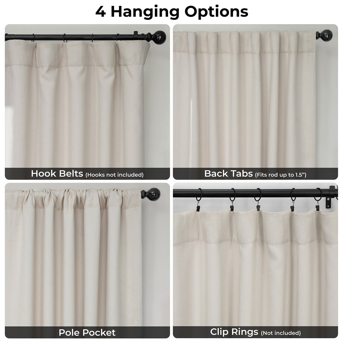 Comparison of 4 hanging options for curtains on a neutral background.