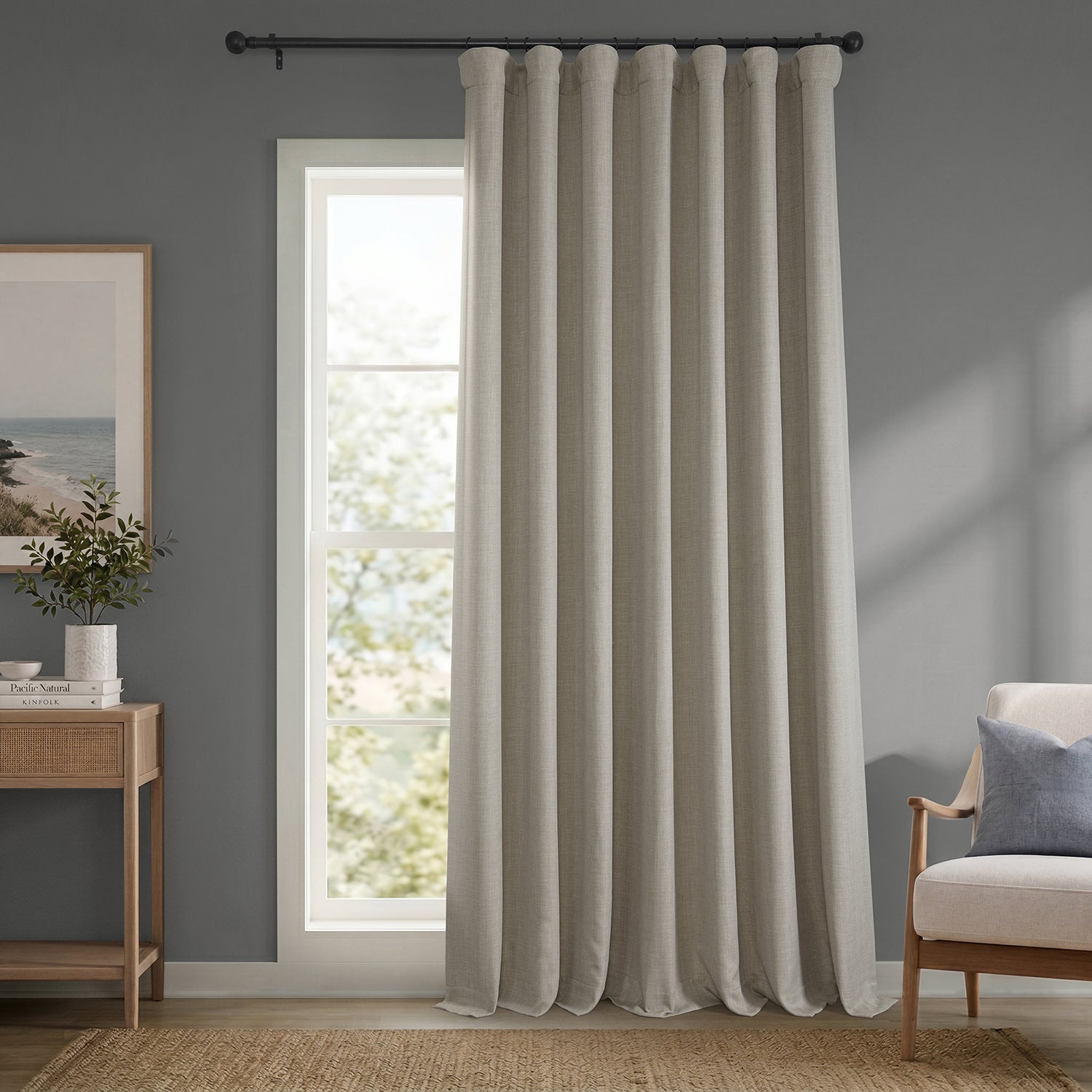 Oatmeal Extra Wide Textured Faux Linen Room Darkening Curtain