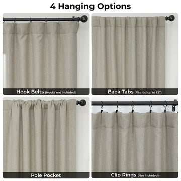 Collage of 4 hanging options for curtains on a white background