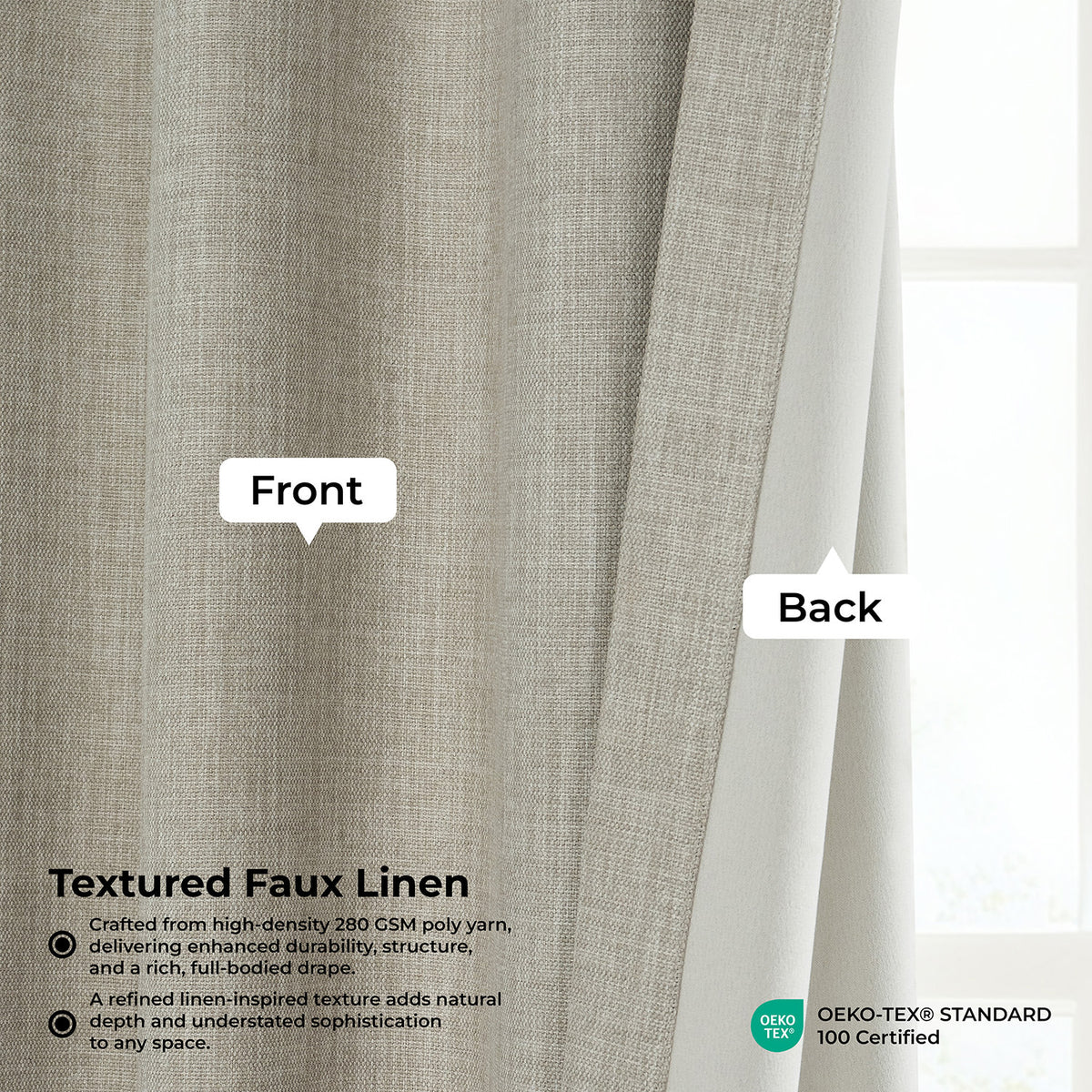 Oatmeal Pinch Pleat Textured Faux Linen Room Darkening Curtain