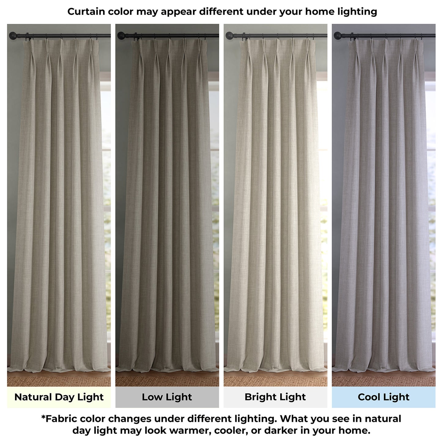 Curtain color swatch under different lighting conditions.