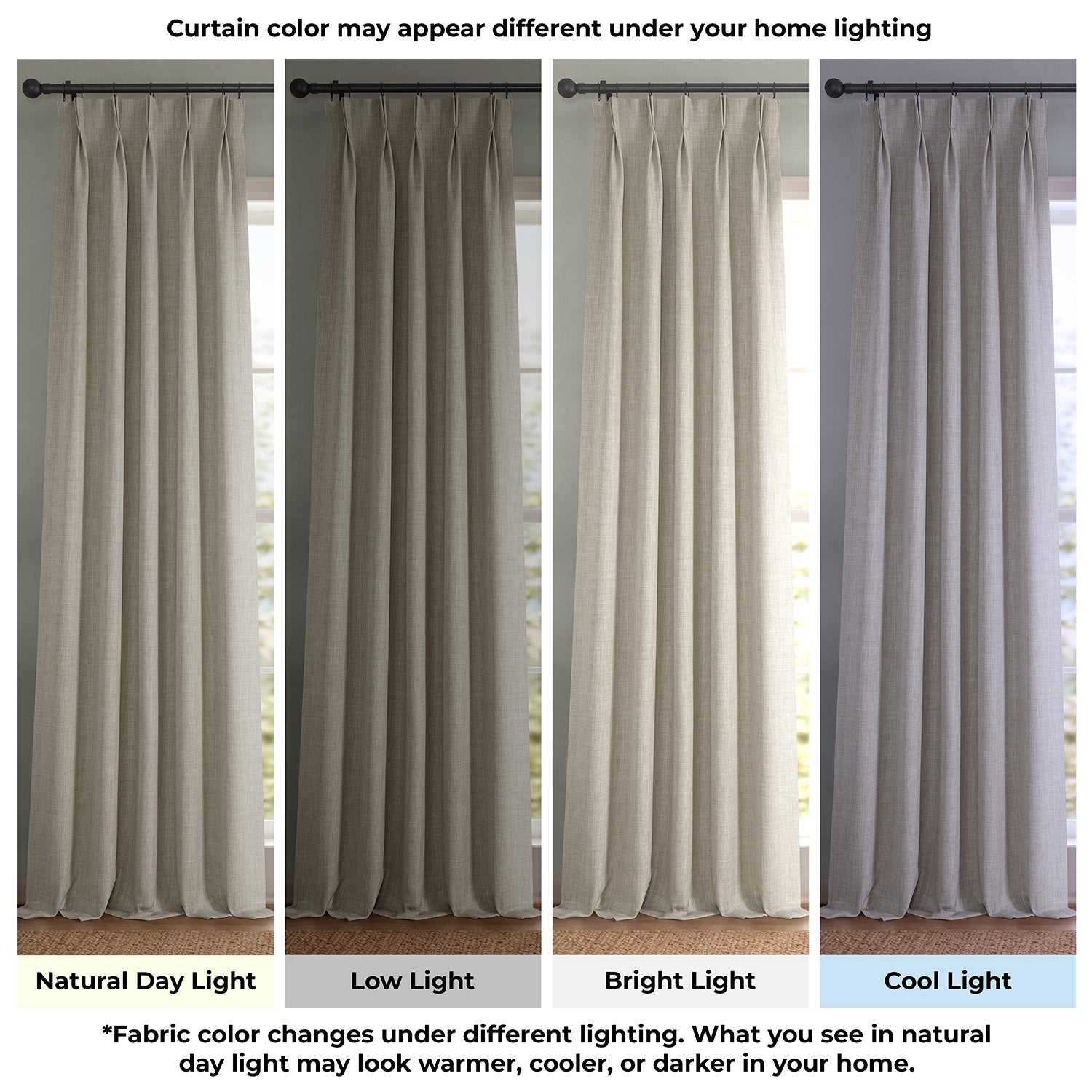 Curtain color swatch under different lighting conditions.