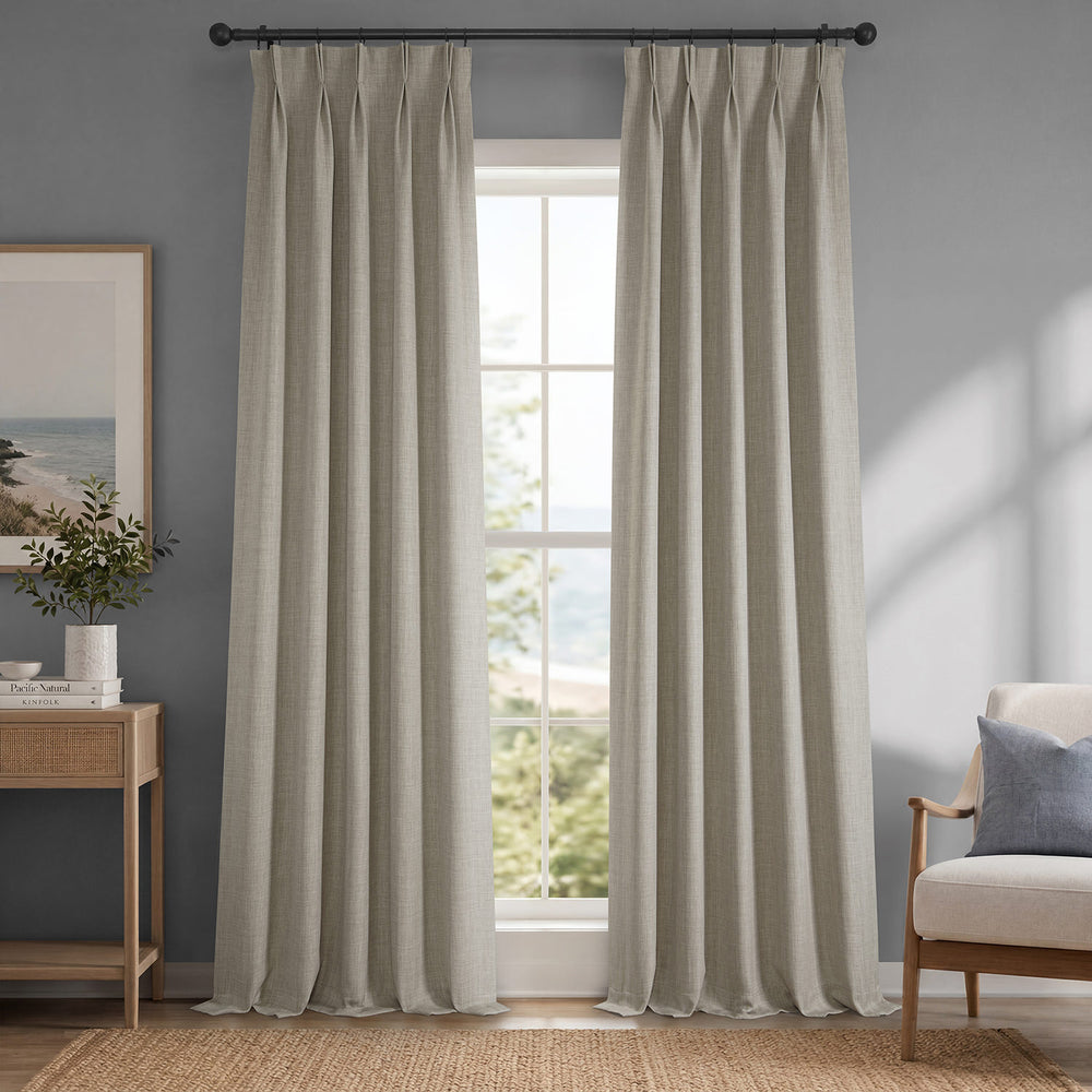 Oatmeal Pinch Pleat Textured Faux Linen Room Darkening Curtain