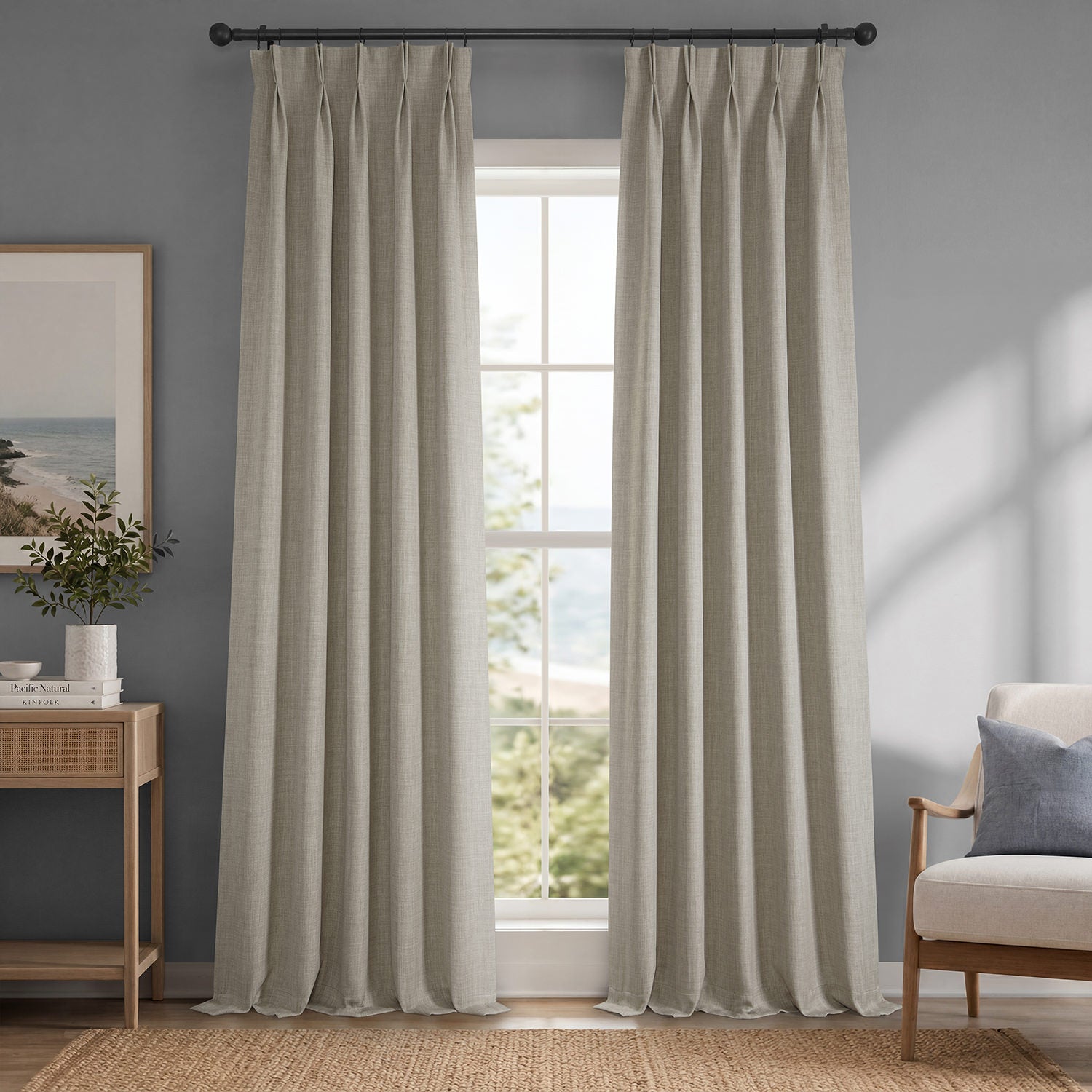 Oatmeal Pinch Pleat Textured Faux Linen Room Darkening Curtain