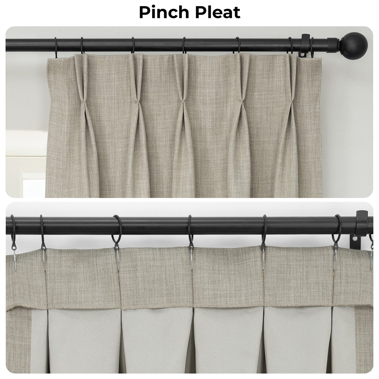 Pinch pleat curtains with a black rod on a white background