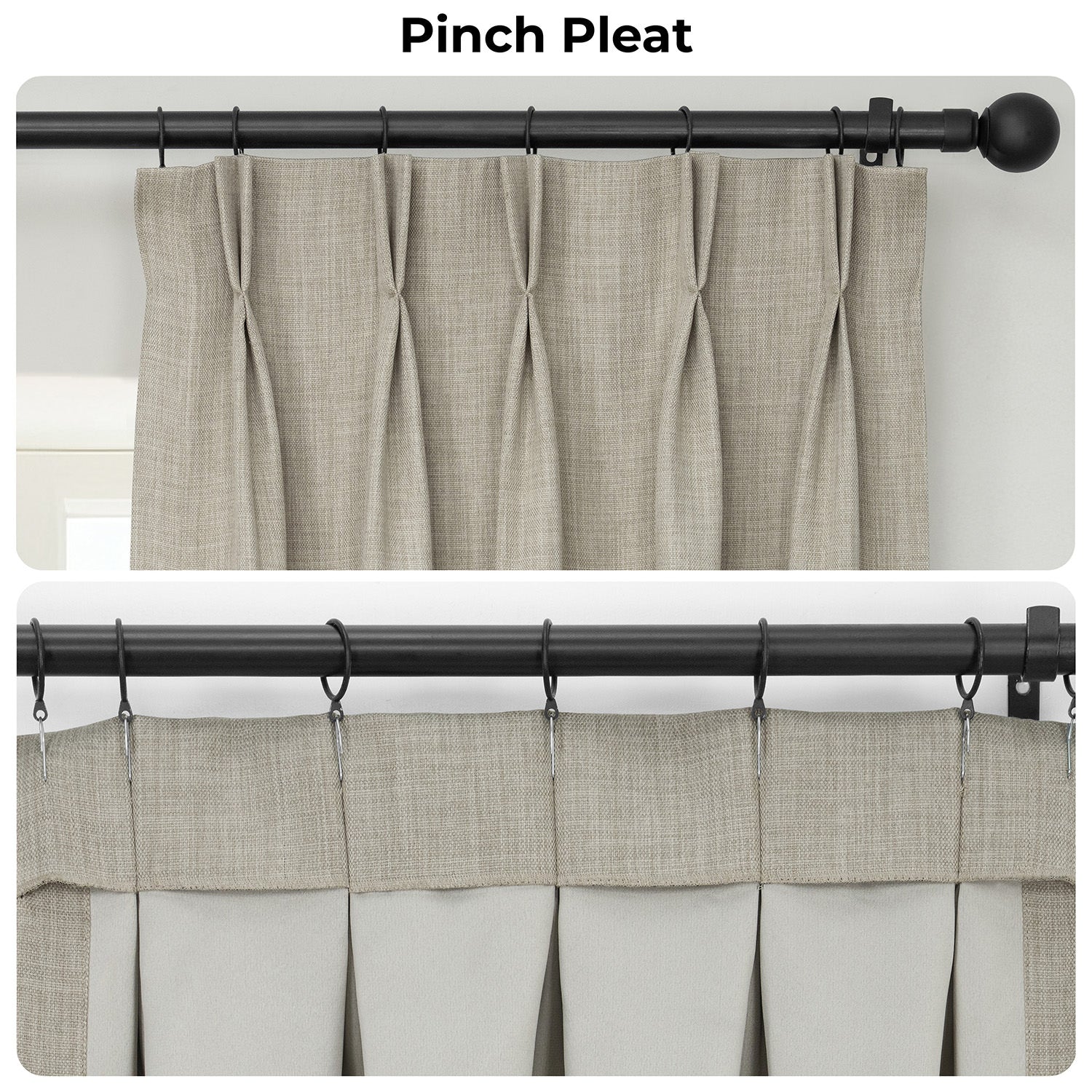 Pinch pleat curtains with a black rod on a white background