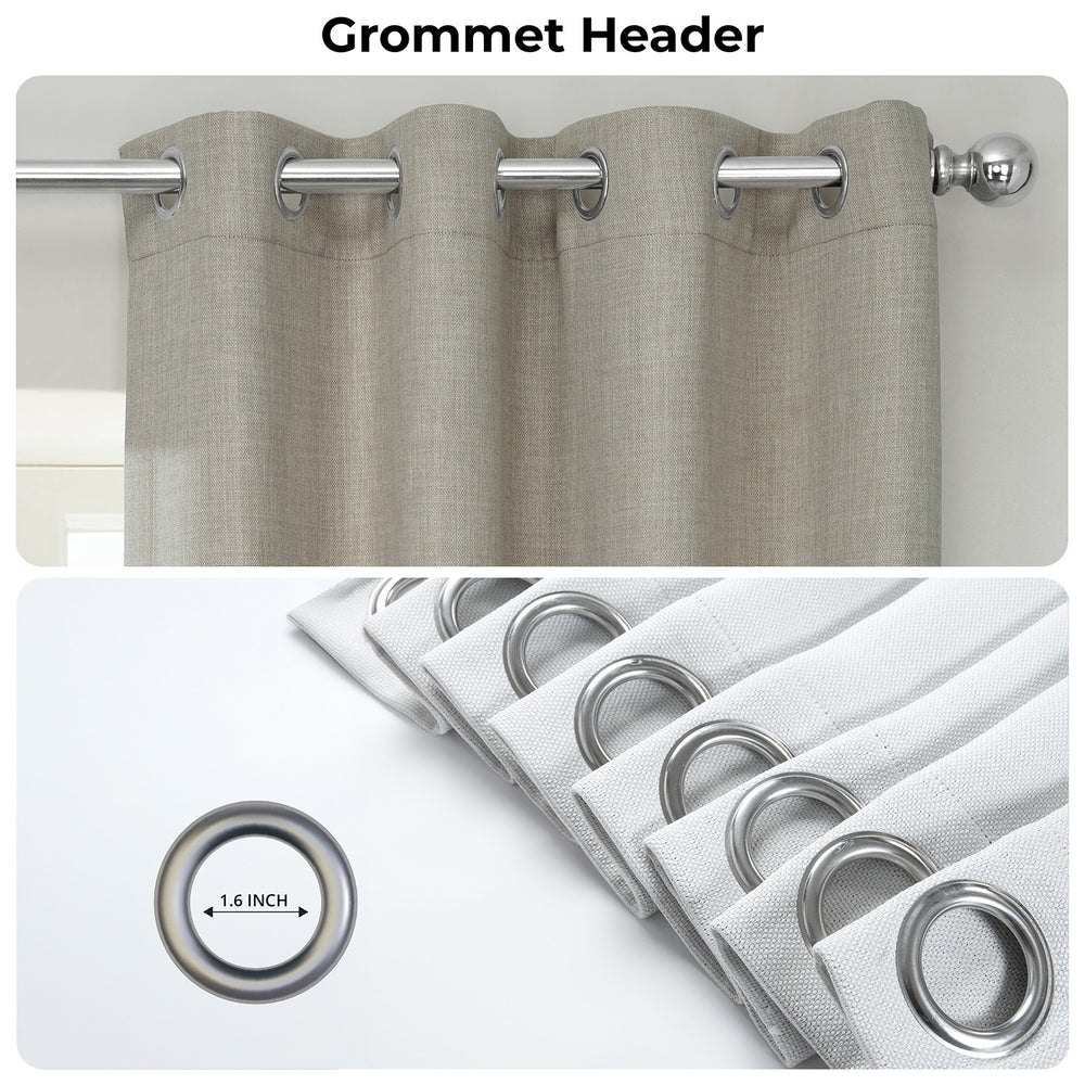 Brown curtain with grommet header and close-up of grommets on a white background.