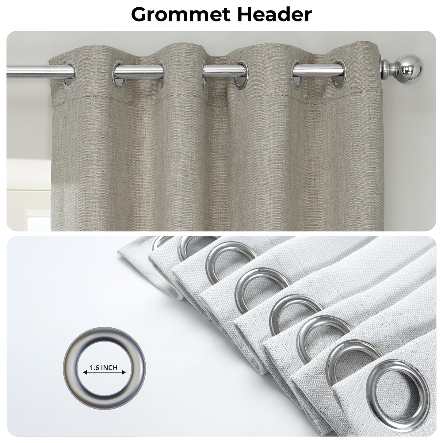Brown curtain with grommet header and close-up of grommets on a white background.