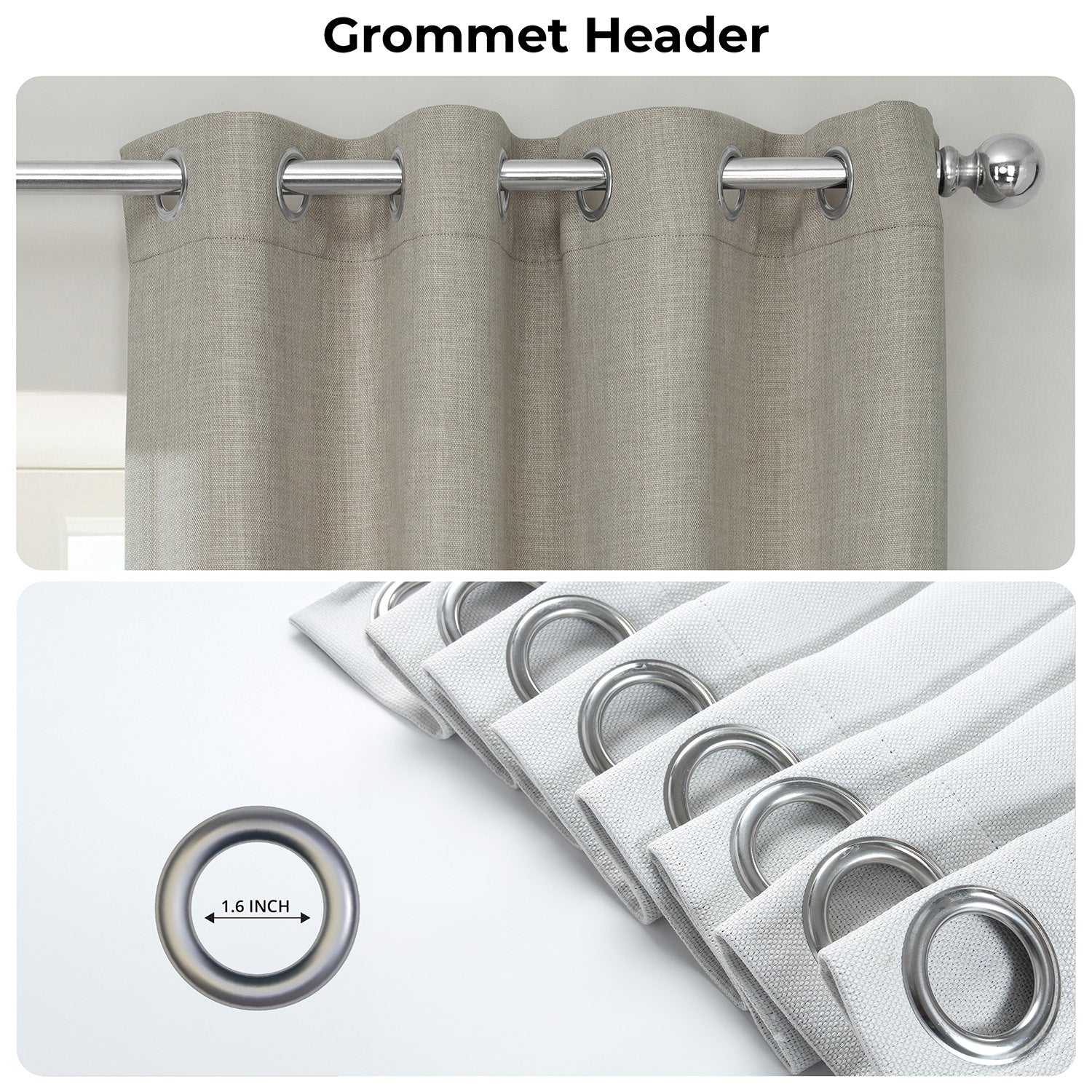 Brown curtain with grommet header and close-up of grommets on a white background.
