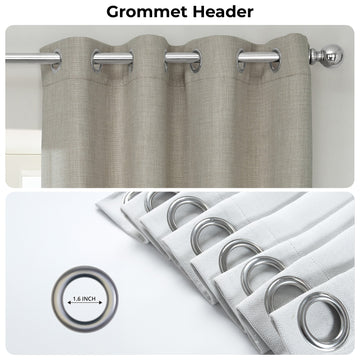 Brown curtain with grommet header and close-up of grommets on a white background.
