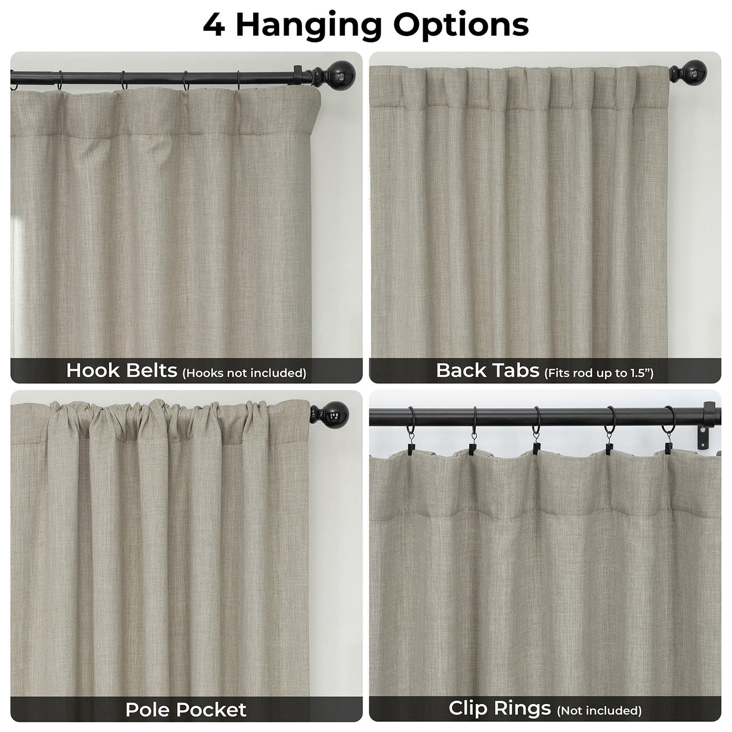 Collage of 4 hanging options for curtains on a white background