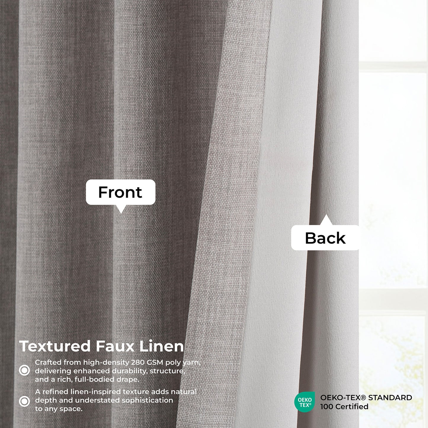 Textured faux linen curtain with labeled front and back, featuring OEKO-TEX certification.